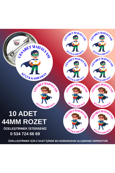 tuse rozet dükkanı Cesaret Madalyası – 44mm Buton Rozet, 10 Adet Kişiye Özel