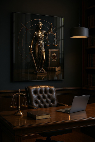 Avelon Çerçevesiz Adalet Heykeli Cam Tablo – Hukuk ve Denge Temalı Ofis Dekoru
