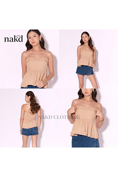 Nakd FASHION ZAHRA BASIC COTTON LINEN SEXY FLORAL SMOCKING BACK BABY DOLL TUBE FLOWY RUFFLE TOP 6053