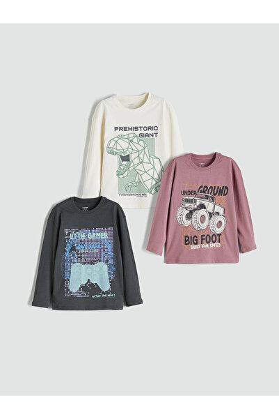 LC Waikiki LCW Kids Gri Baskılı Uzun Kollu Erkek Çocuk Tişört 3'lü