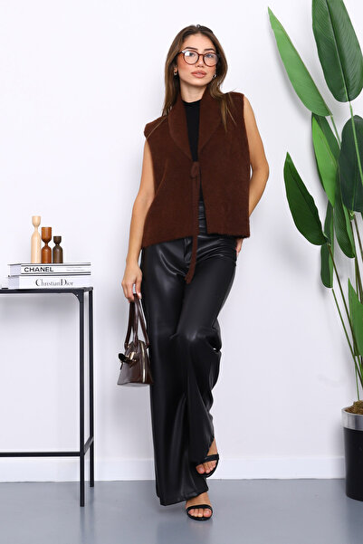 İmajButik Brown Front Tie Short Angora Soft Vest