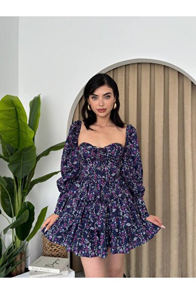 Genel Markalar Russo Gloplu Çiçek Desenli Mini Elbise