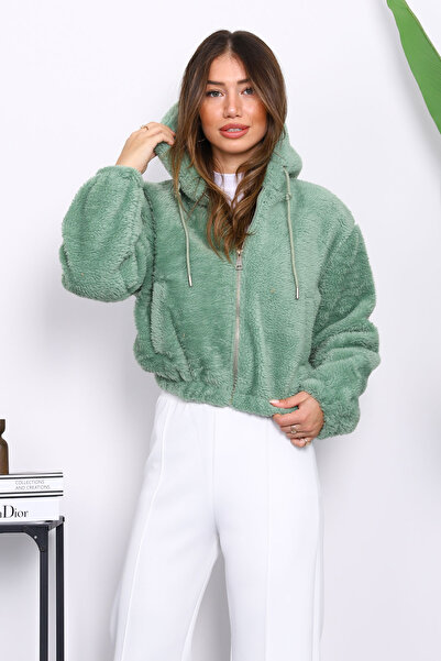 İmajButik Κοντό βελούδινο παλτό με κουκούλα μέντας