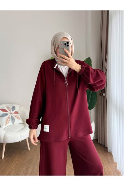 RFK Butik Women's Zipper Detailed Hooded Two-Piece Set - Burgundy