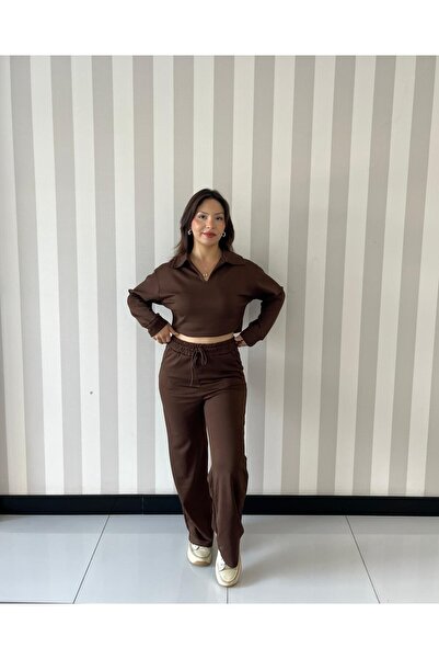 ELSEBUTİKTR طقم ملابس رياضية نسائية من المودال باللون البني الناعم مع حزام خص...