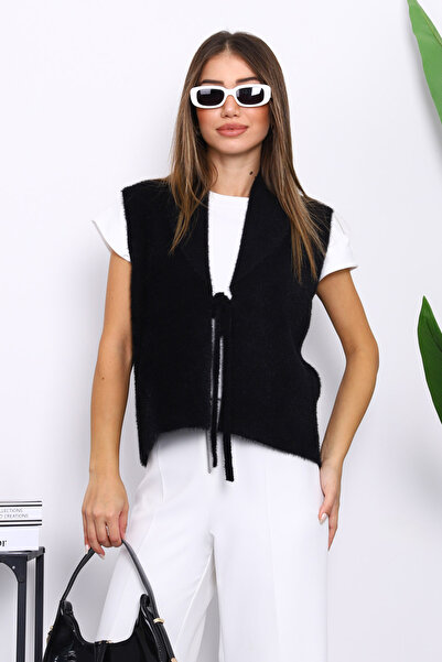 İmajButik Black Front Tie Short Angora Soft Vest