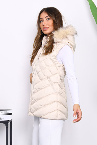 İmajButik Beige Hooded Puffer Vest with Pockets