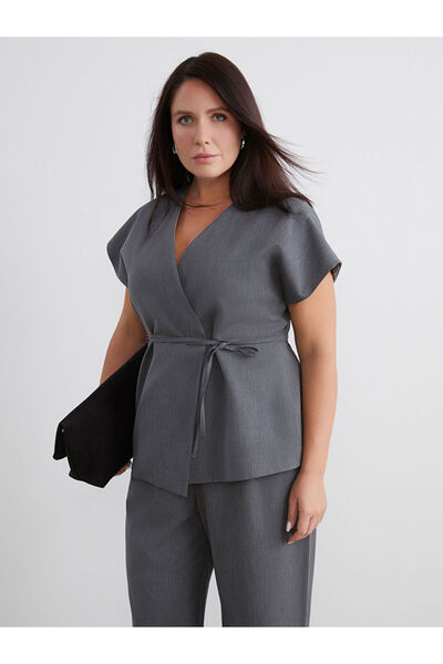 LC Waikiki Gray Plus Size Double-Breasted Collared Belted Blouse