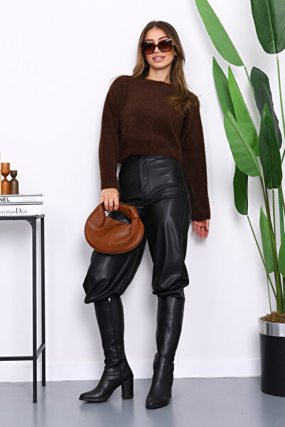 İmajButik Pulover maro cu gât de bicicletă din angora, tricotat moale