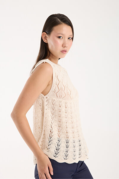 WOMENTİ Kadın Krem Ajurlu Örgü Crop Triko Bluz