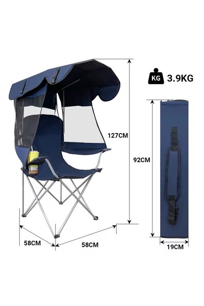 Generic Folding camping chair with canopy, full sun protection, side stand, cup holder, 127cm height, blue