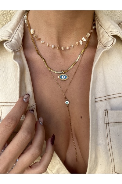 pop up store Evil Eye Beaded Triple Chain Steel Necklace Set