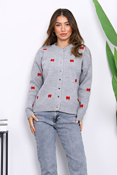 İmajButik Cardigan tricotat cu broderie cu fundă gri