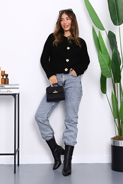 İmajButik Μαύρη Πλεκτή Κοντή Ζακέτα Σελανίκης