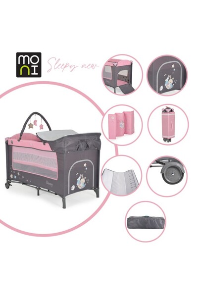 Moni Patut pliabil cu doua niveluri МONI Sleepy Roz, include saltea de infasat