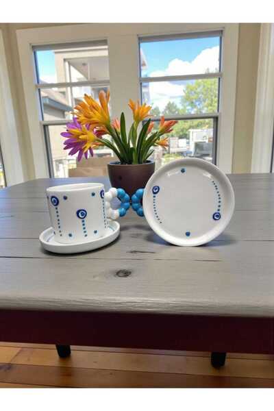 Home Ceramic Handmade Evil Eye Double Coffee Cup with Handle Set of 2