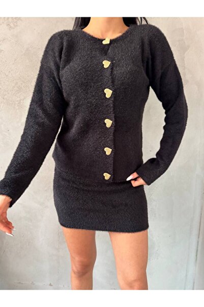 Julidress Heart Button Cardigan and Elastic Waist Mini Skirt Bottom Top Beard...