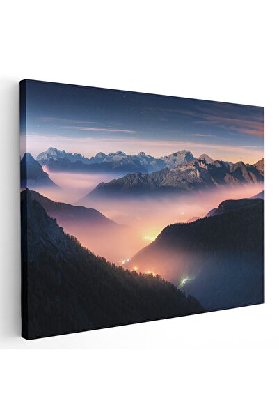 Tablou Canvas munti in ceata la apus roz, albastru, mov, cod 1274