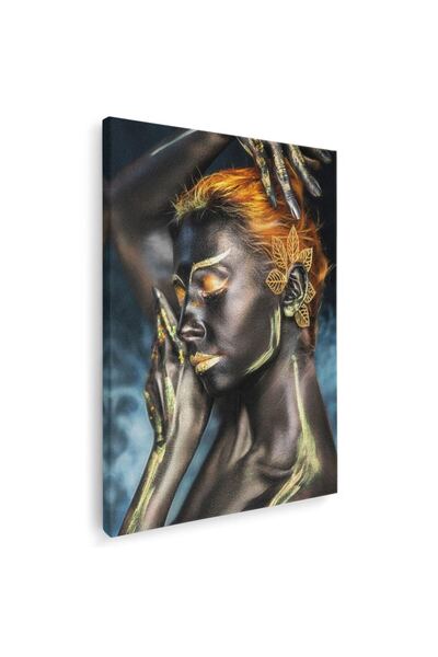 Tablou Canvas model cu machiaj creativ in nuante maro, portocaliu, albastru, ...