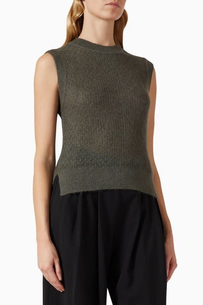 Marella Ralla Metallic Shiny Green Sleeveless Knitwear Top, Stylish and Moder...