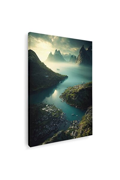 Tablou Canvas peisaj munte cu fluviu, verde, negru, albastru, cod 1081