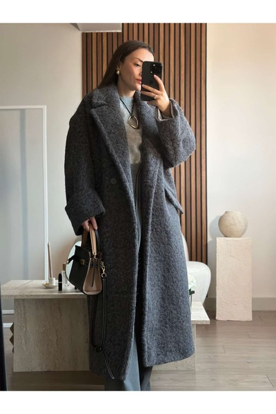 Tugen Co BUKLET DOKULU DUBLE KOL DETAYLI ANTRASİT UZUN KABAN