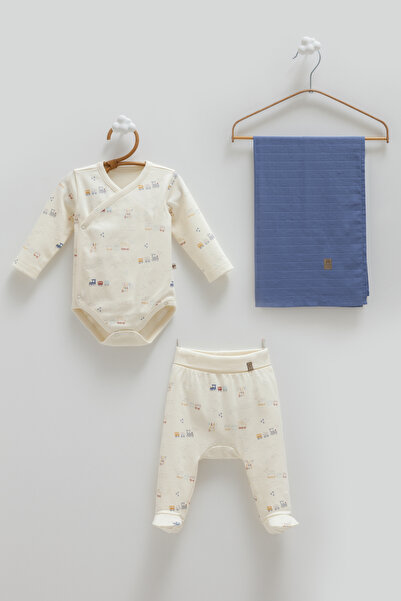 Caramell Baby Boy 3-Piece Gift Set 0-3 Months 100% Cotton Baby Bodysuit Set and Muslin Blanket (80-90cm)