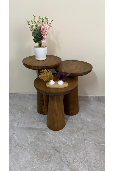 ERDEM MOBİLYA 3'lü Mantar Sehpa Doğal Ahşap Ceviz Rengi