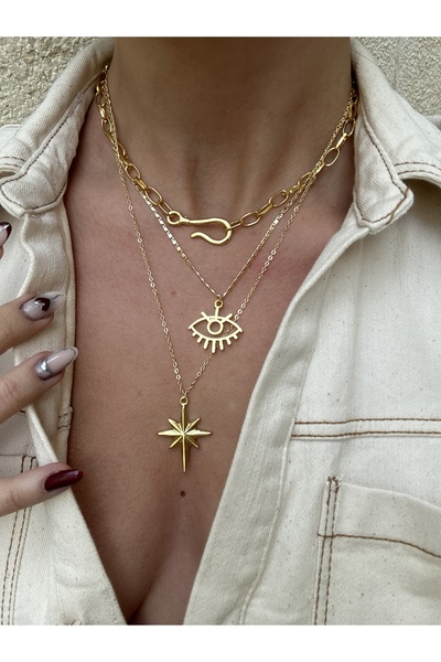 pop up store Eye and Star Detail Gold Color Triple Necklace Set