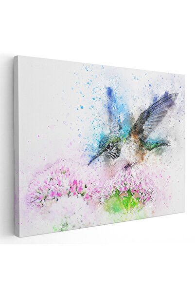 Tablou Canvas pictura pasare colibri in zbor, roz, verde, albastru, cod 1106