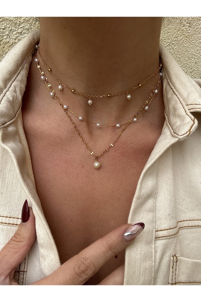 pop up store Pearl Detail Triple Steel Necklace Set