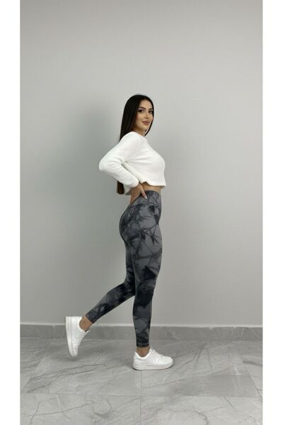 NOLYA MODA Women's Grey Patterned High Waist Belize Batik Leggings Soft Textured Stretchy Leggings