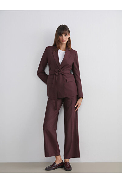 LC Waikiki Burgundy Striped Belted Women's Blazer Jacket