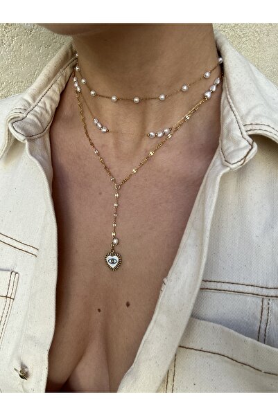 pop up store Pearl and Eye Detail Triple Chain Steel Necklace Set
