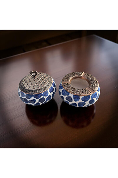 İlbay Çini Takı Lacivert Dalmaçyalı Desenli Metal Kapaklı Seramik Şekerlik Kü...