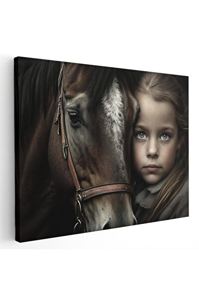 Tablou Canvas portret fetita cu cal, maro, crem, alb, cod 1126