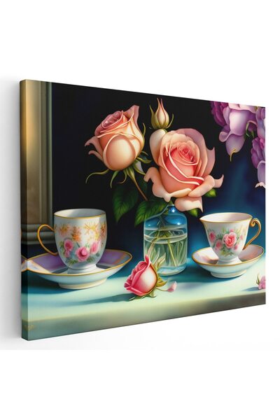 Tablou Canvas set ceai cu vaza trandafiri, roz, albastru, mov, cod 1129