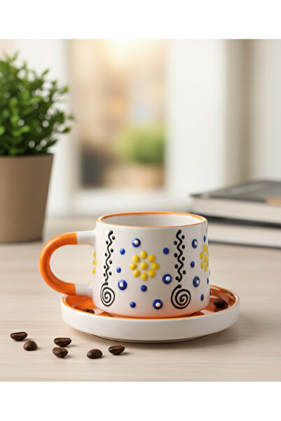 Deniss Handmade Embossed Pattern Ceramic Mug with Saucer