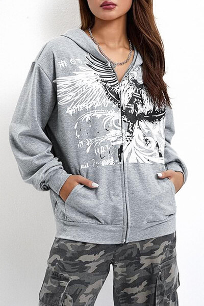 Genel Markalar Gri Melanj Gotik Wings Tribal Kapüşonlu Harajuku Unisex Y2K Hırka