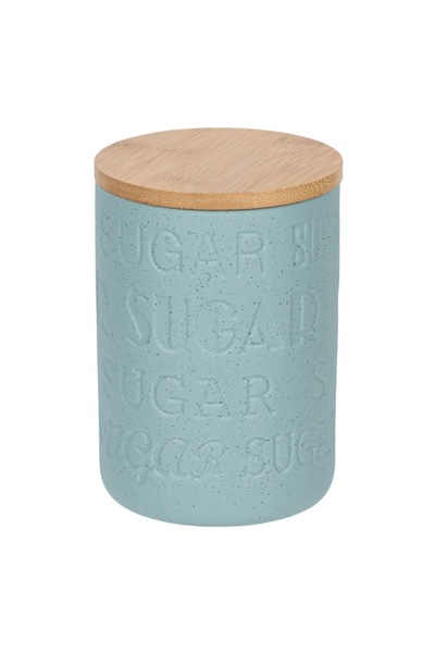 SHOPIENS Ceramic Jar, Relief Pattern, Bamboo Lid, Grey-Blue, 0.65 L