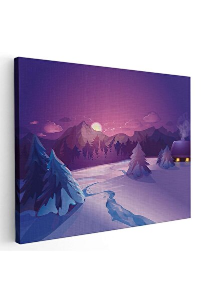 Tablou Canvas Tablou peisaj de iarna montan cu cabana la apus, cod 5453
