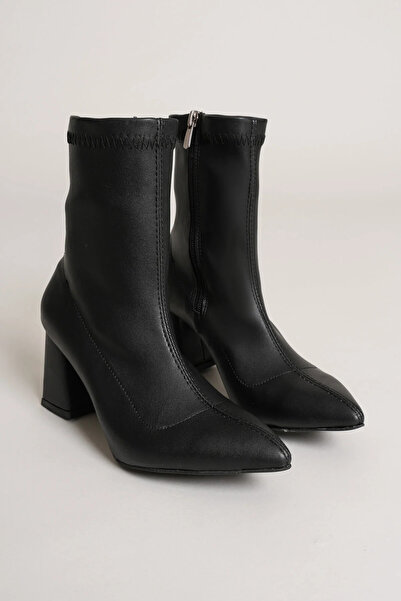 LUVİANO Kadın Siyah Deri Sivri Burun Streç Fermuarlı Bot Ayakkabı