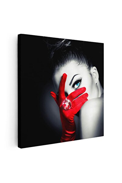 Tablou Canvas portret femeie cu manusa rosie, alb, negru, cod 1254