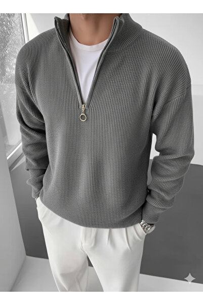 DRAGON WEAR Erkek Yarım Fermuarlı Kadife Görünümlü Triko – Koyu Yeşil