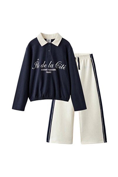 Magu Girl's Cotton Navy Blue-White Paris Printed Polo Neck Tracksuit Set - Stripe Detail