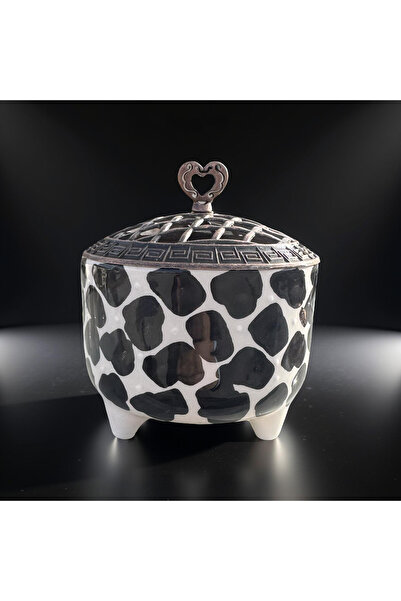 İlbay Çini Takı Siyah Dalmaçyalı Desenli Metal Kapaklı Ayşen Seramik Şekerlik