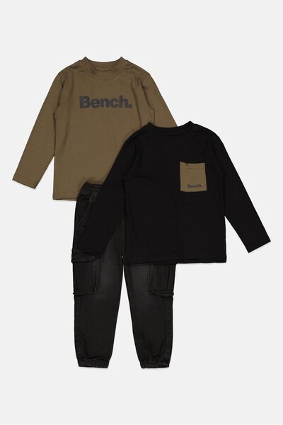 BENCH Kids Boy 3 Piece Long Sleeve Brand Logo Top And Bottom Set, Olive