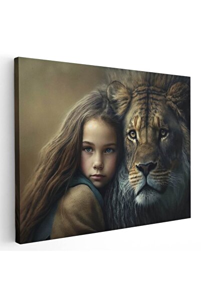 Tablou Canvas portret fetita cu leu, maro, crem, gri, cod 1125