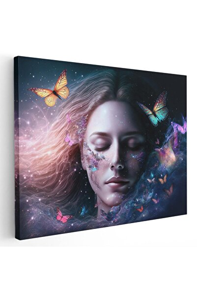 Tablou Canvas Tablou fantezie portret femeie visand si fluturi albastru, cod ...