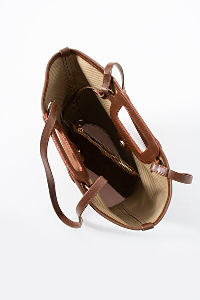 HERCAİ Suede Tan Double-Use Bucket Hand and Shoulder Bag with Stitching Detail